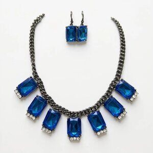 Royal Blue facted Lucite Drops Black Metal Finish Necklace Earring Set
